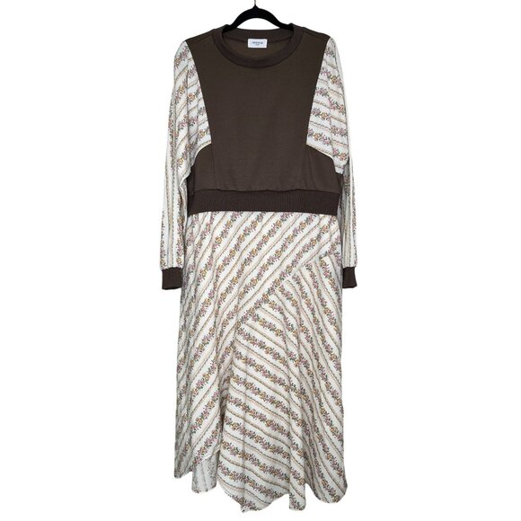 🆕 Anniewear Los Angeles Long Sleeve Midi Dress Brown Bodice with Floral Skirt - Picture 2 of 12